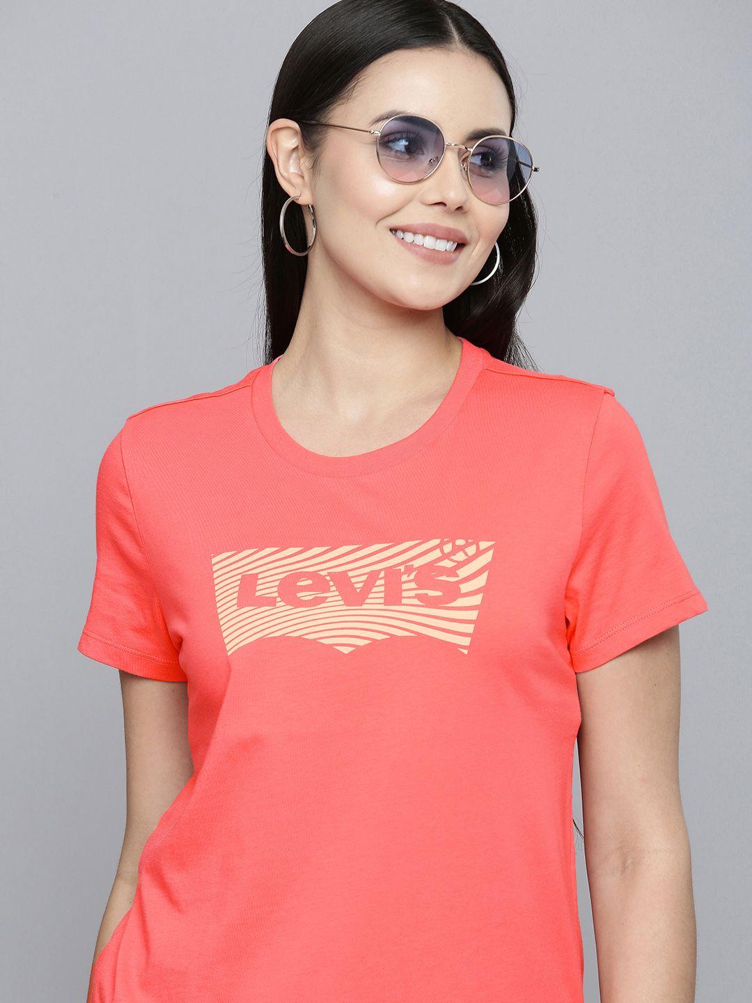 levis women coral pink brand logo printed pure cotton casual t-shirt