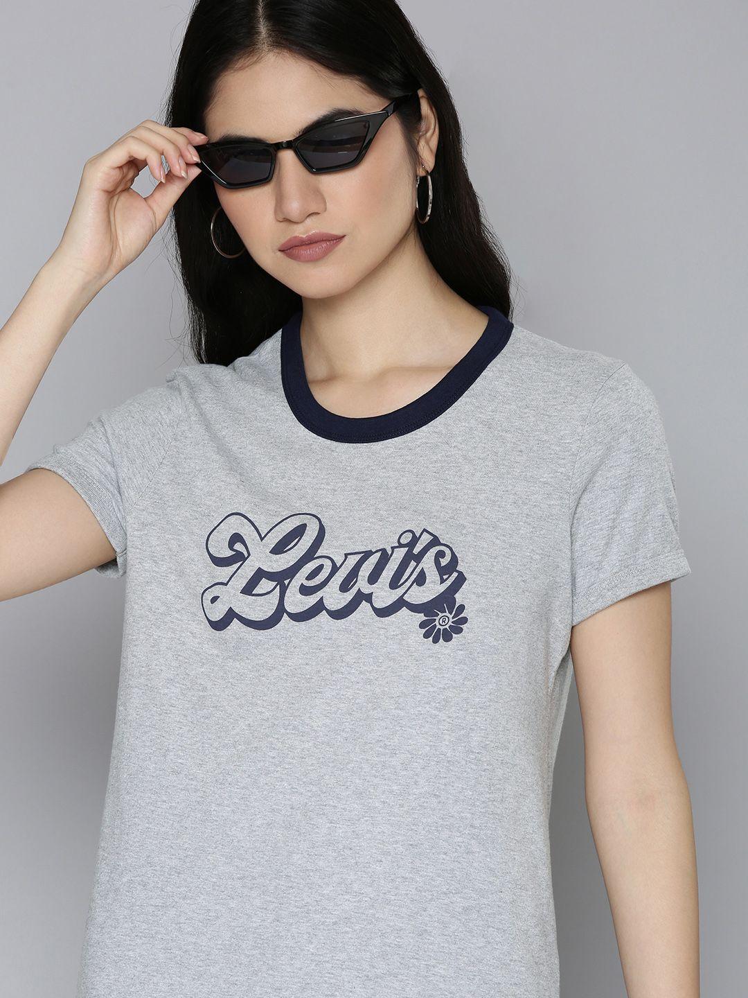 levis women grey & black brand logo printed pure cotton slim fit t-shirt