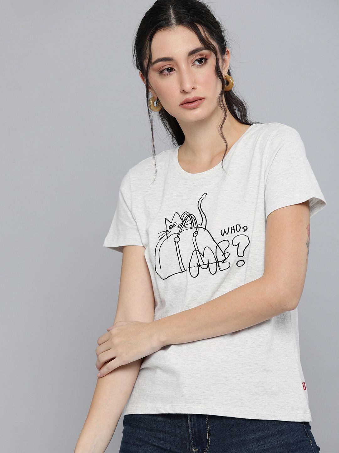 levis women off white printed pure cotton t-shirt
