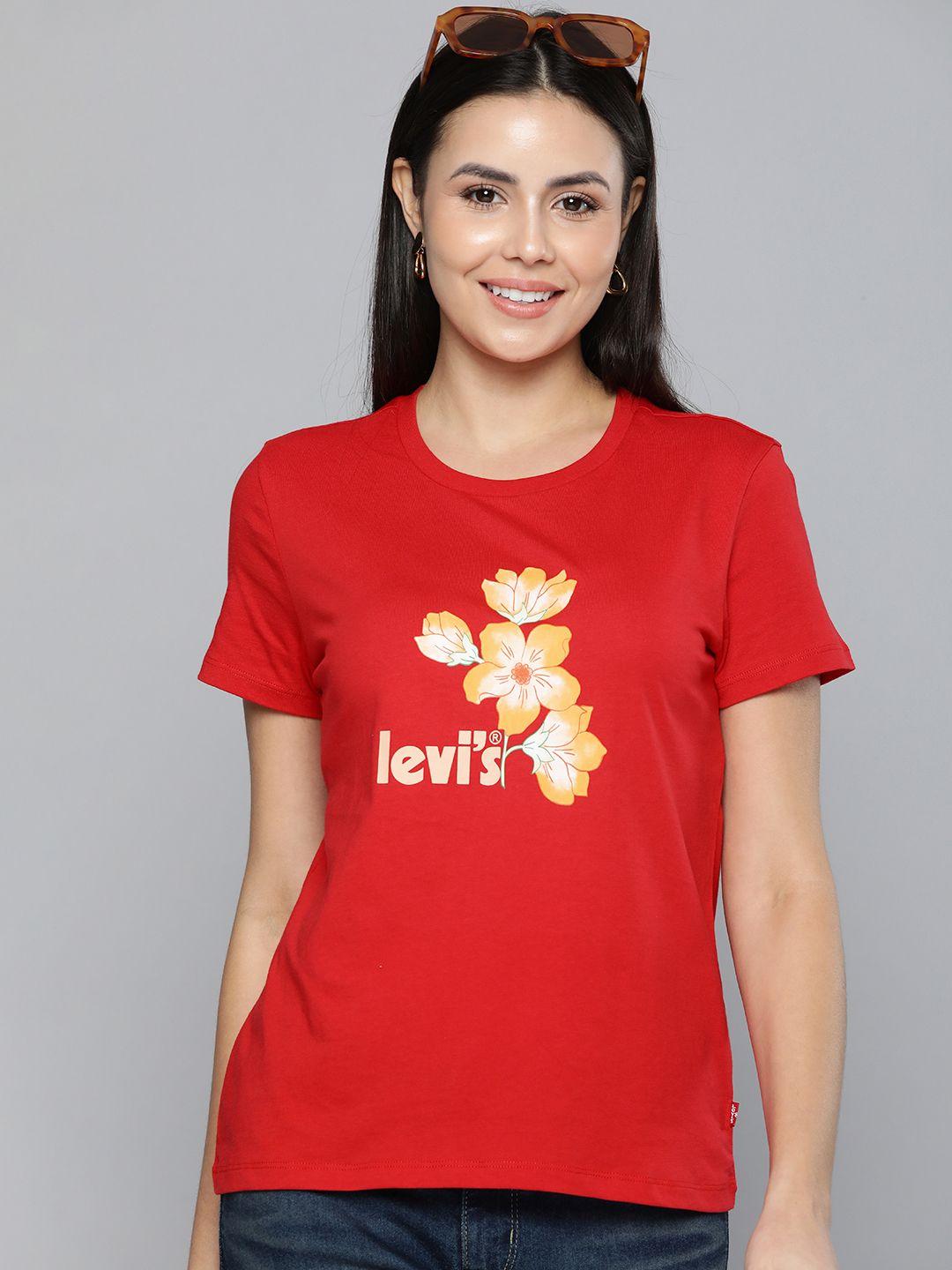 levis women red floral printed pure cotton t-shirt