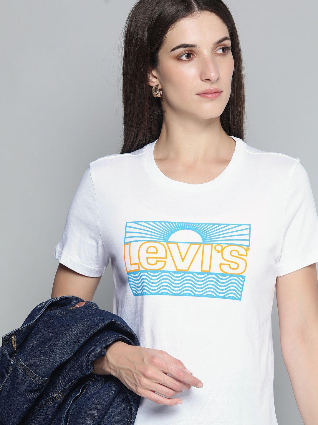 levis women white & blue brand logo printed pure cotton round neck t-shirt