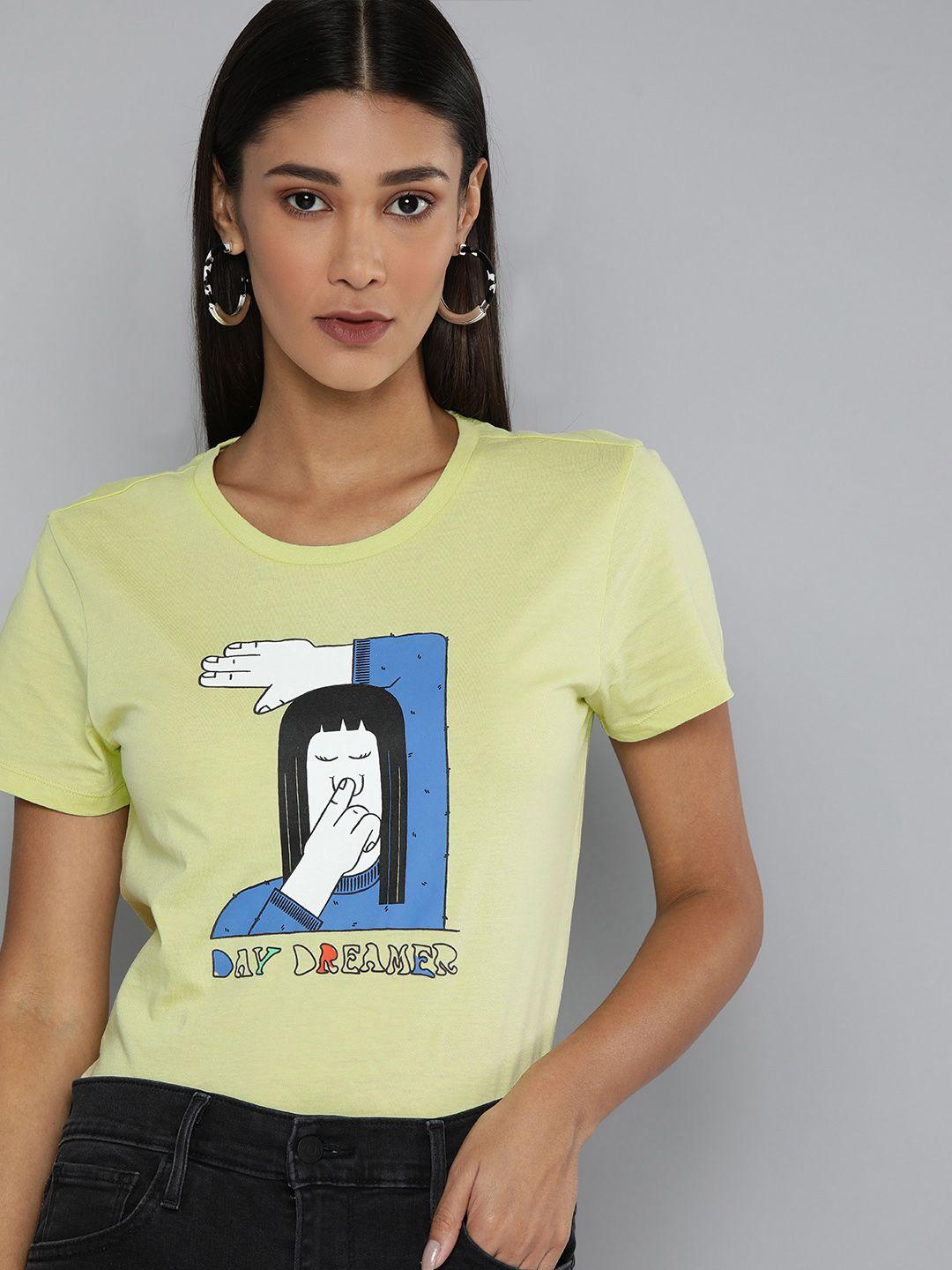 levis women yellow printed pure cotton t-shirt