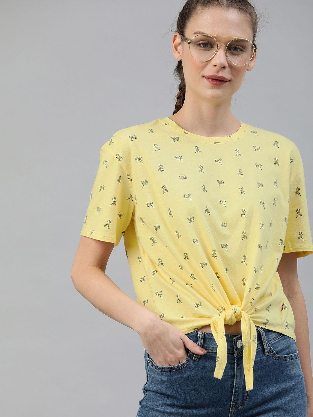 levis women yellow printed round neck pure cotton t-shirt with waist tie-ups