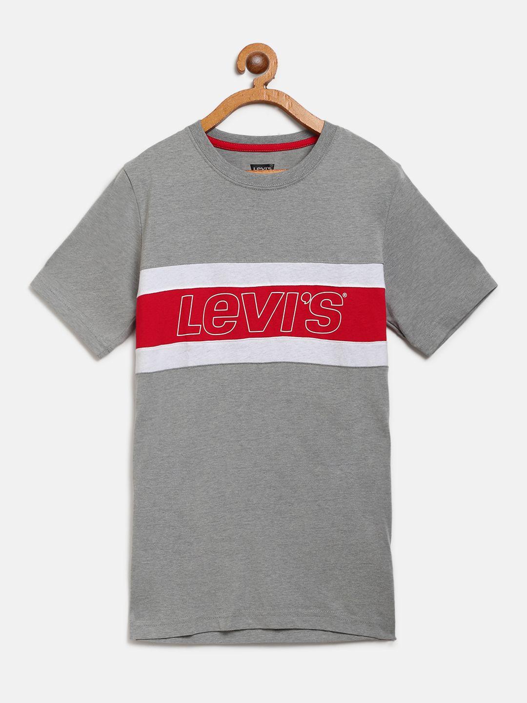 levis boys grey melange & red brand logo print round neck t-shirt