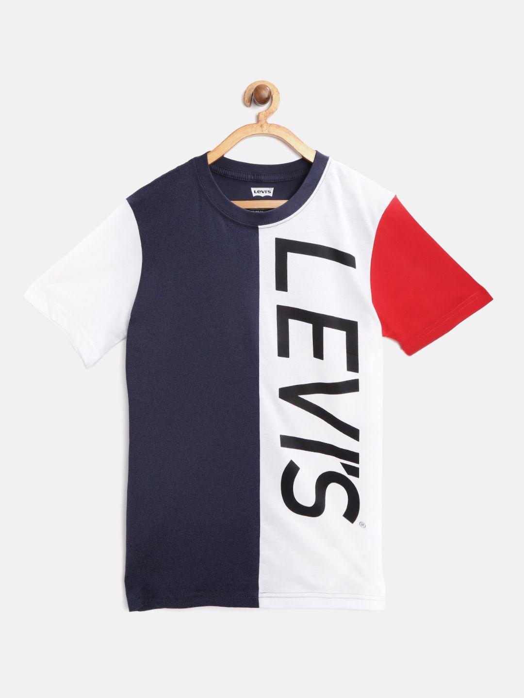 levis boys navy blue & white colourblocked pure cotton t-shirt with brand logo print