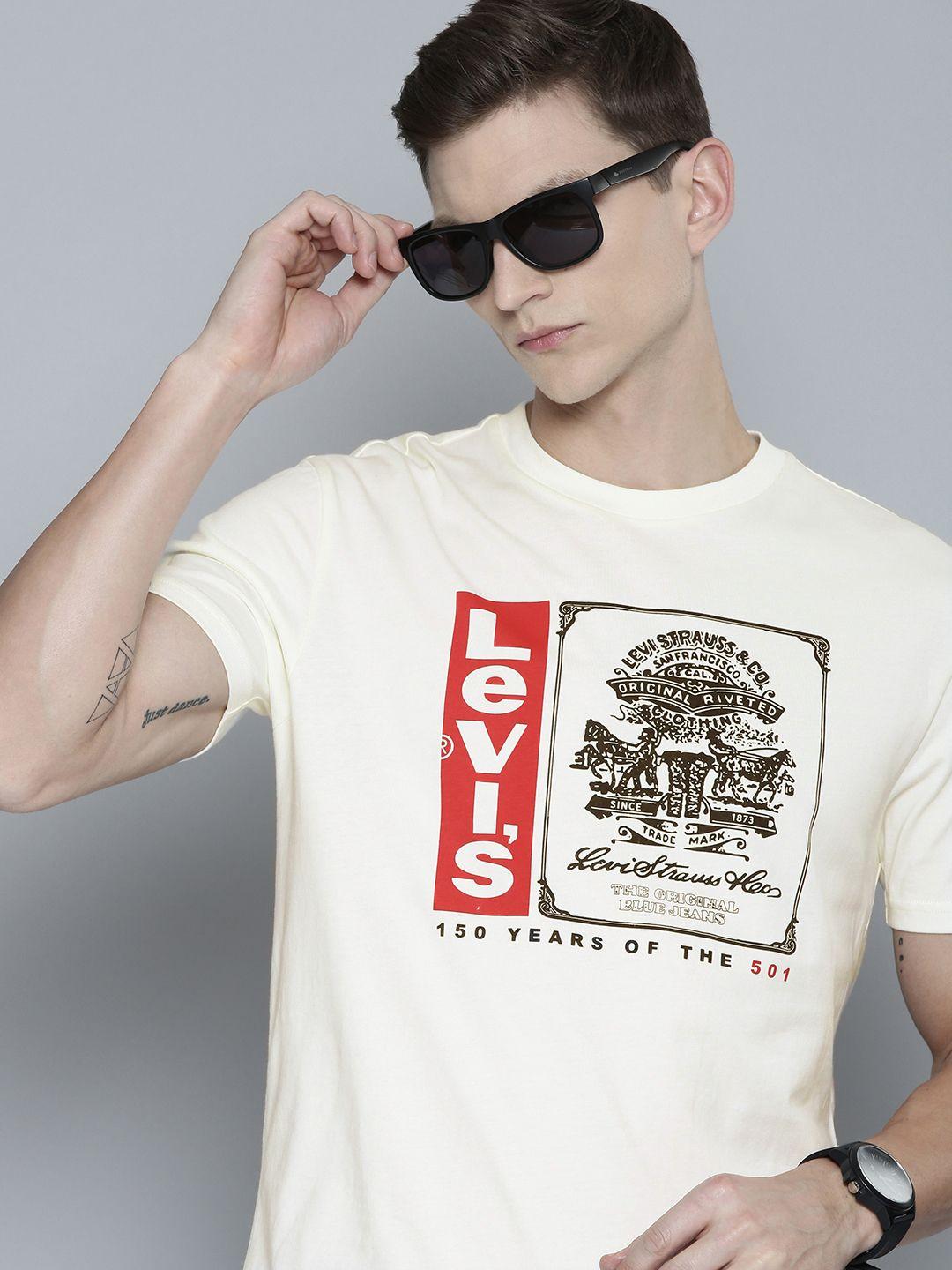 levis men beige & black brand logo printed pure cotton t-shirt