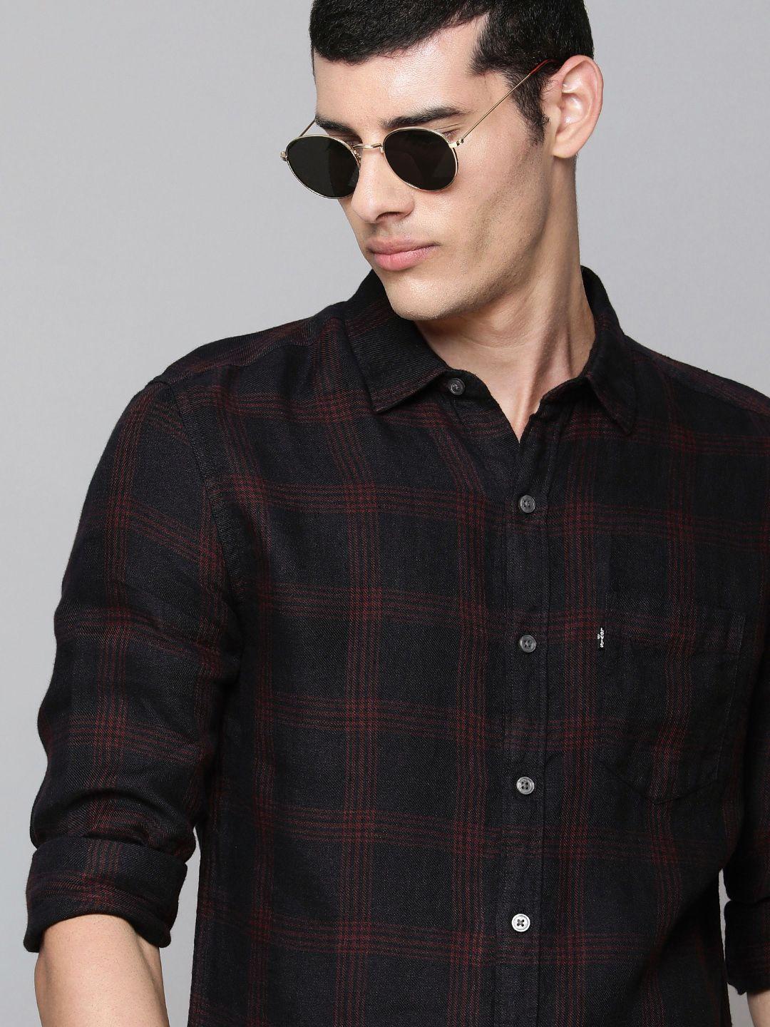 levis men black and red slim fit grid tattersall checked casual linen shirt