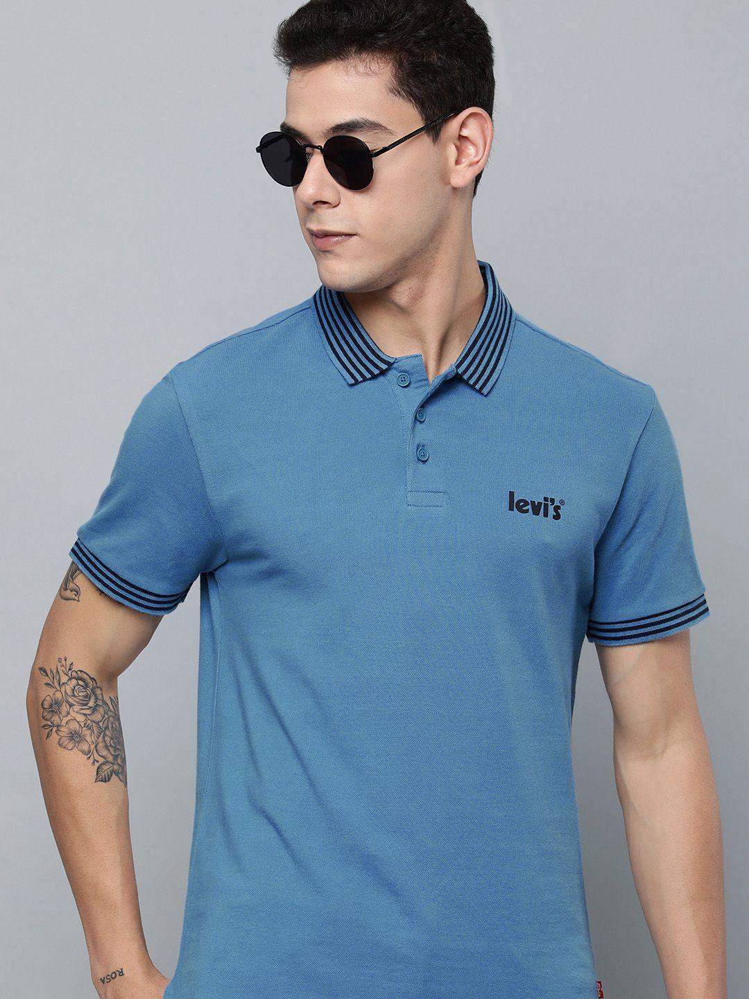 levis men blue solid pure cotton polo collar t-shirt