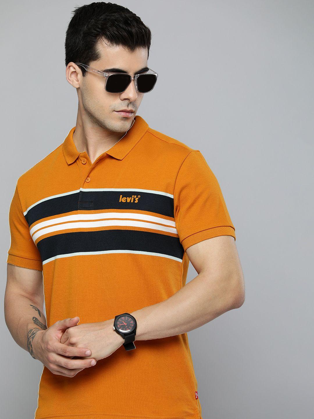 levis men gold-toned & navy blue striped polo collar t-shirt