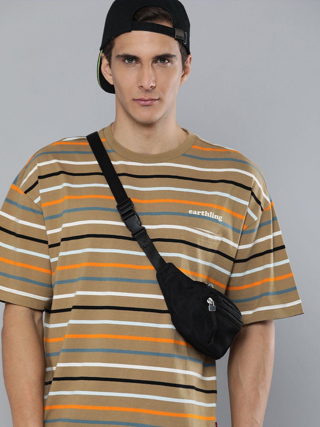 levis men multicoloured striped drop-shoulder sleeves pure cotton loose t-shirt