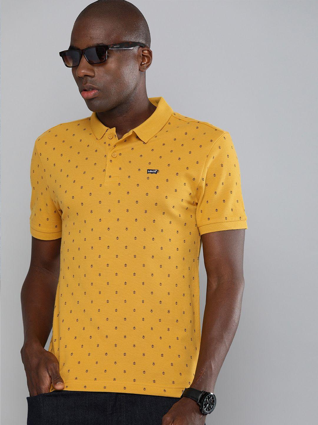 levis men mustard yellow & brown printed polo collar t-shirt