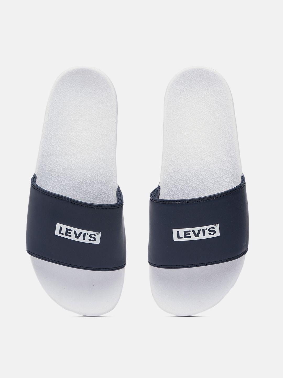 levis men navy blue & white june boxtab brand logo printed sliders