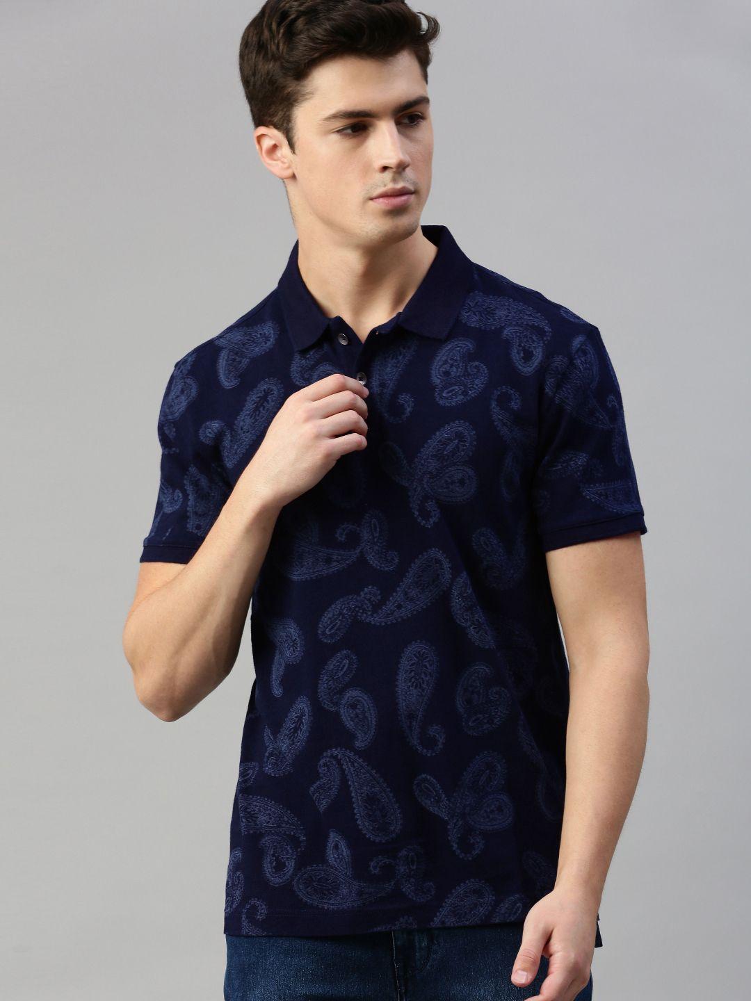 levis men navy blue paisley printed slim fit polo collar pure cotton t-shirt