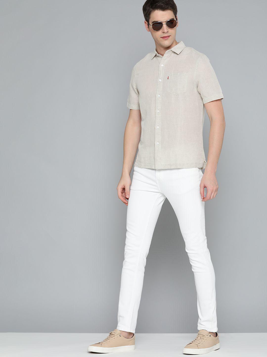 levis men off white solid linen cotton relaxed casual shirt