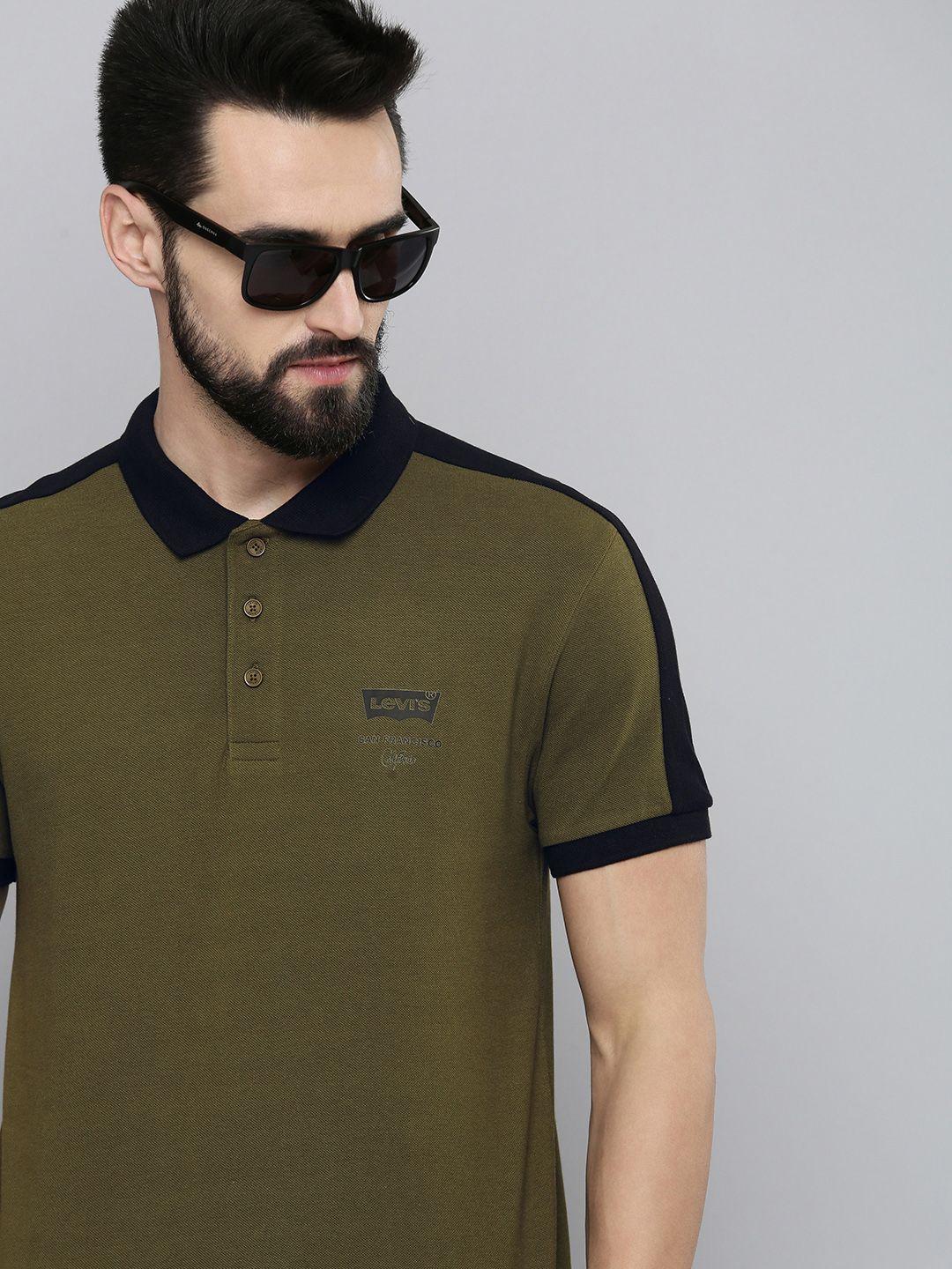 levis men olive green & black polo collar pure cotton t-shirt