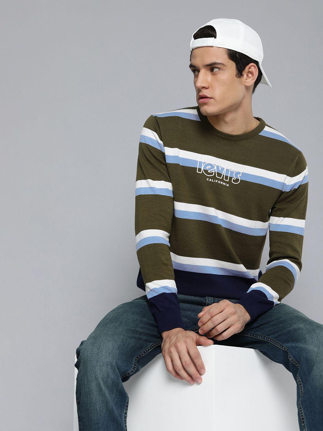 levis men olive green & off-white striped pure cotton pullover sweatshirt