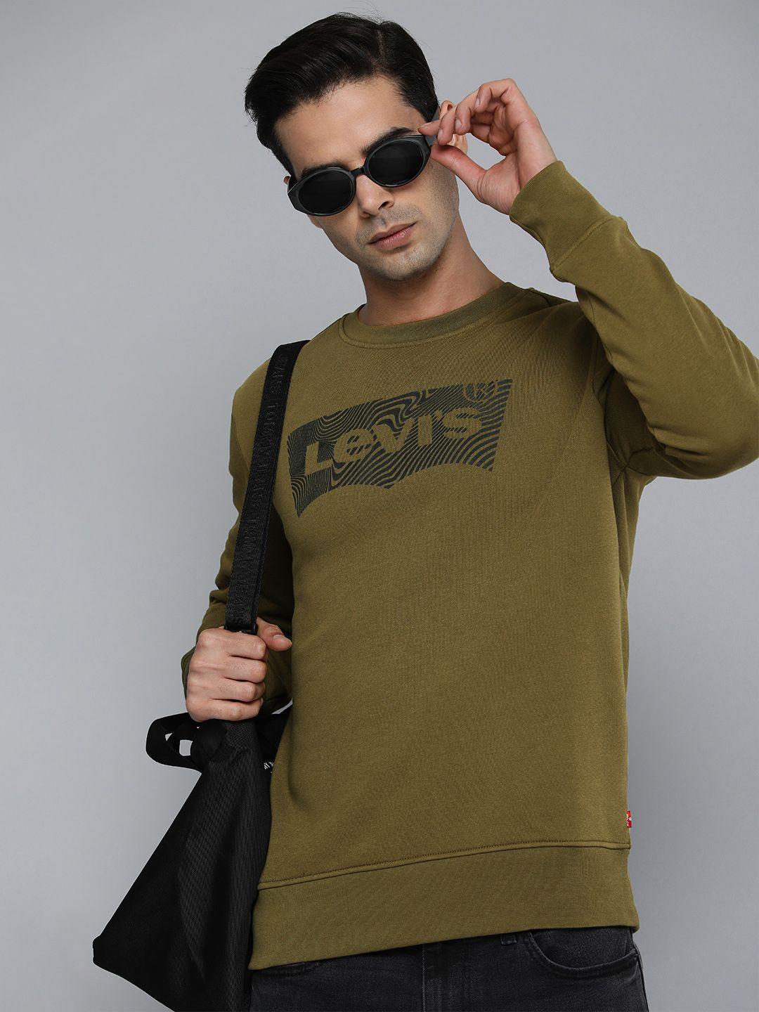 levis men olive green brand logo printed pullover sweatshirt