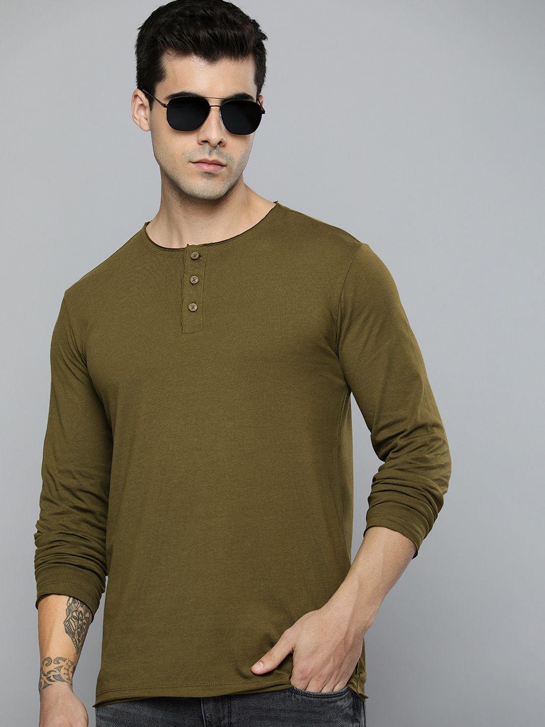 levis men olive green solid henley neck pure cotton t-shirt