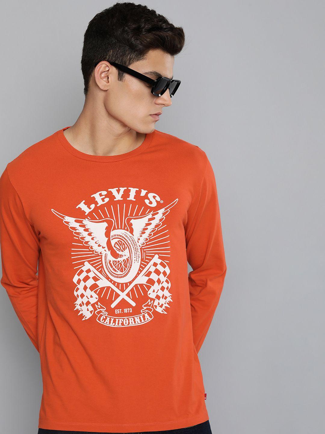 levis men orange & white printed pure cotton slim fit t-shirt