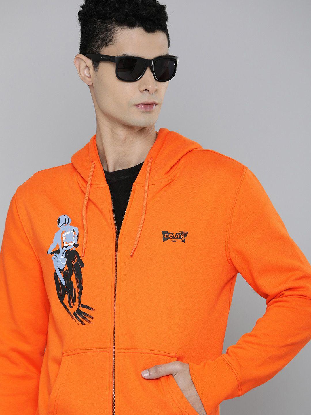 levis men orange graphic printed hooded front-open sweatshirt