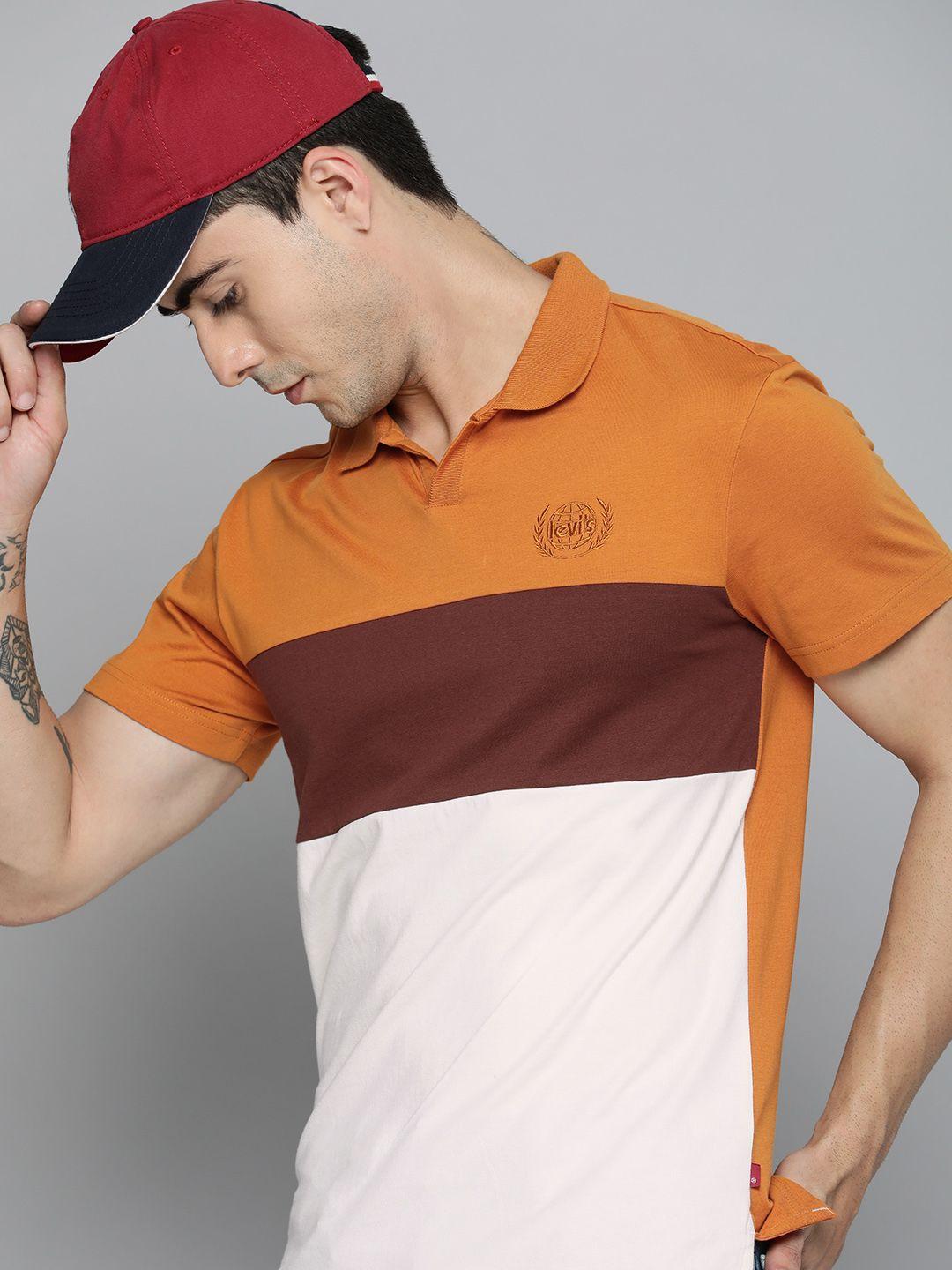 levis men rust brown & white colourblocked polo collar pure cotton embroidered t-shirt