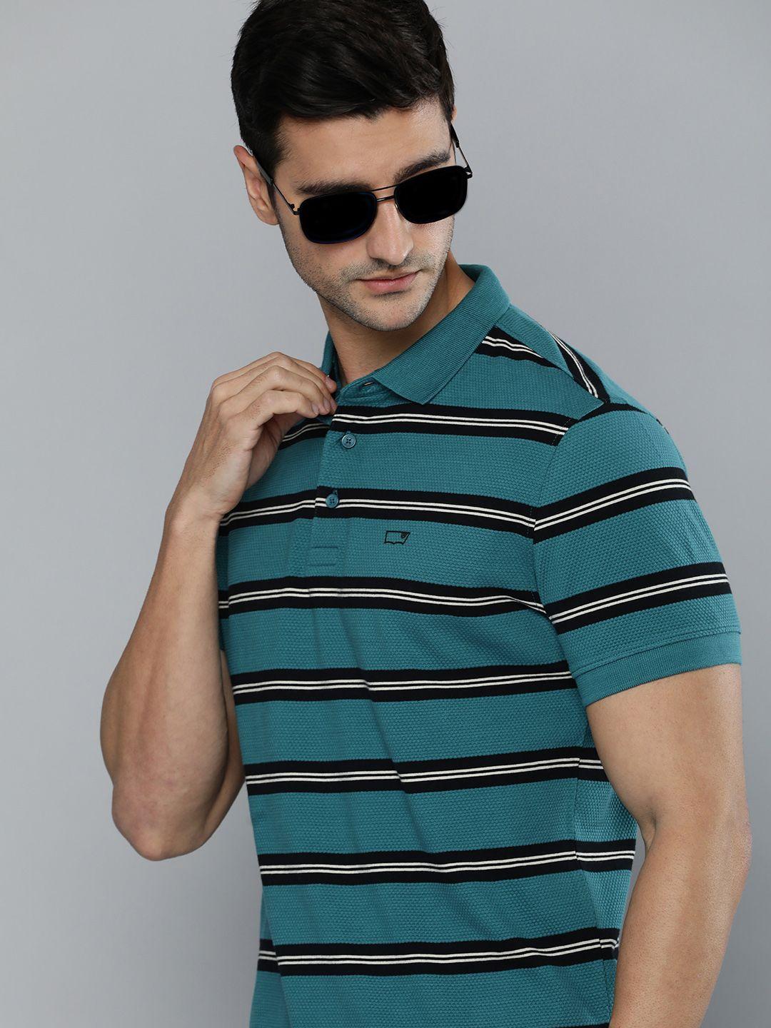 levis men teal blue & black striped polo collar pure cotton casual t-shirt