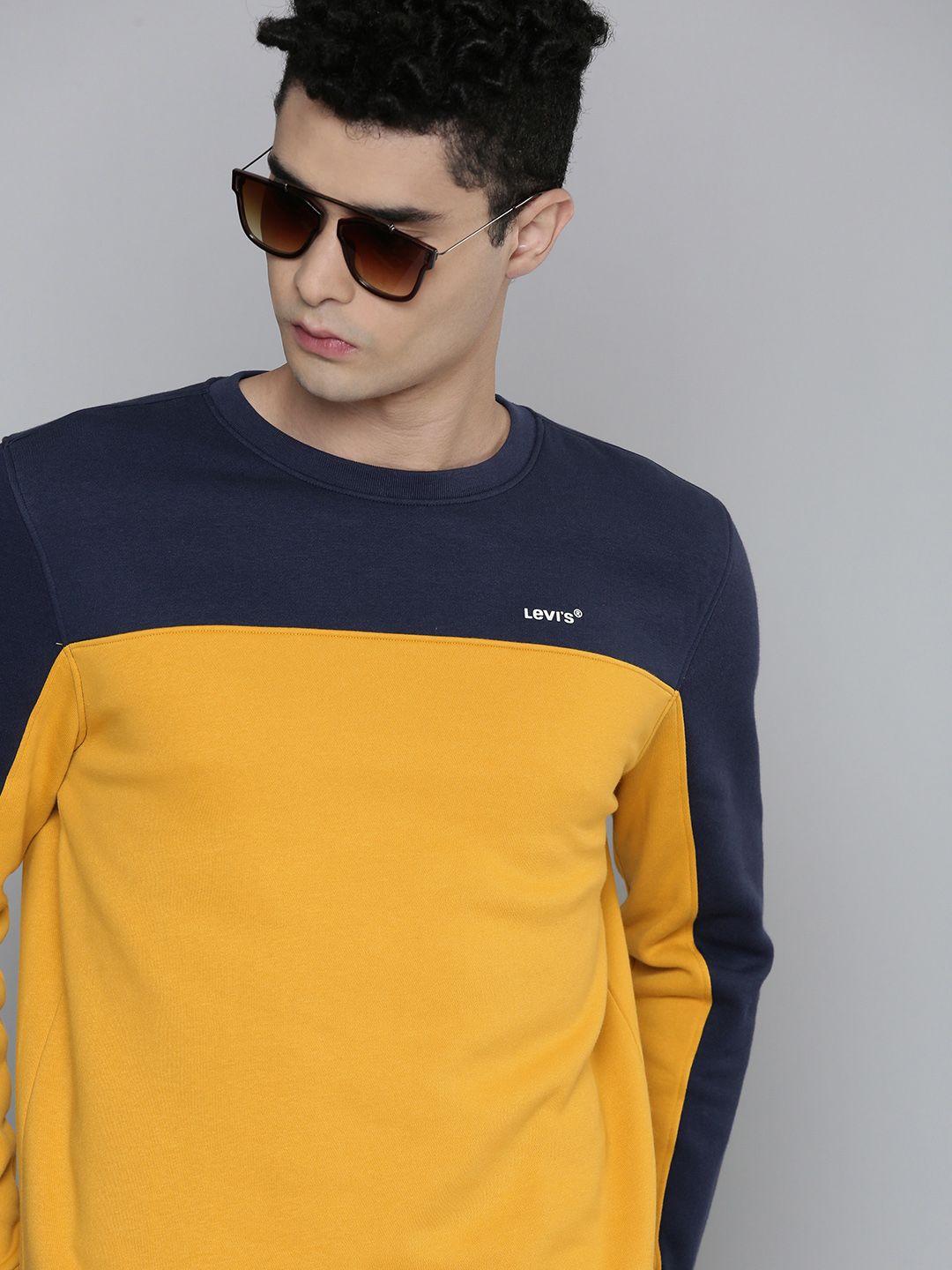 levis men yellow & navy blue colourblocked pure cotton t-shirt