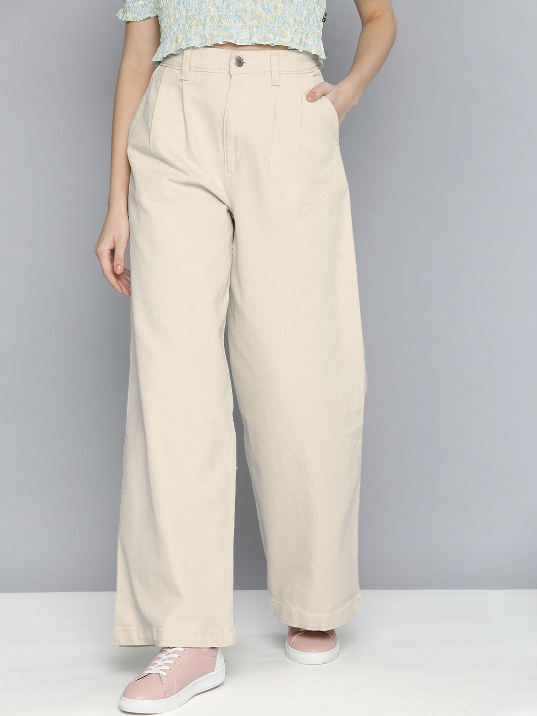 levis women beige wide leg fit high-rise pleated chinos
