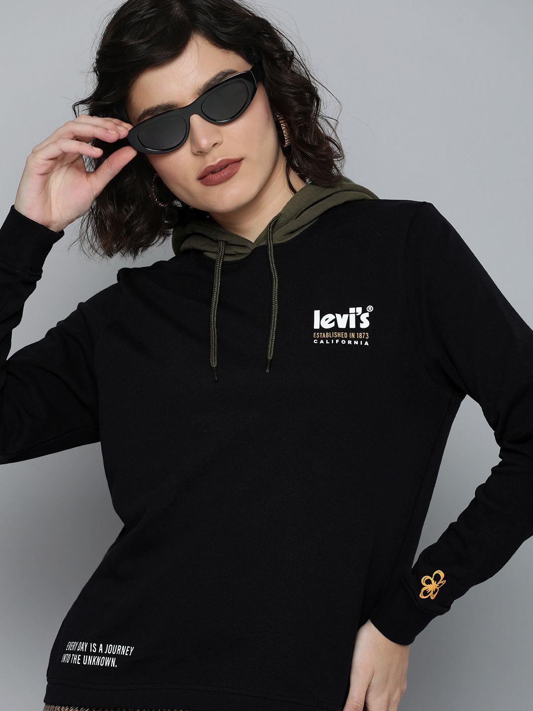 levis women black brand logo printed hooded sweatshirt