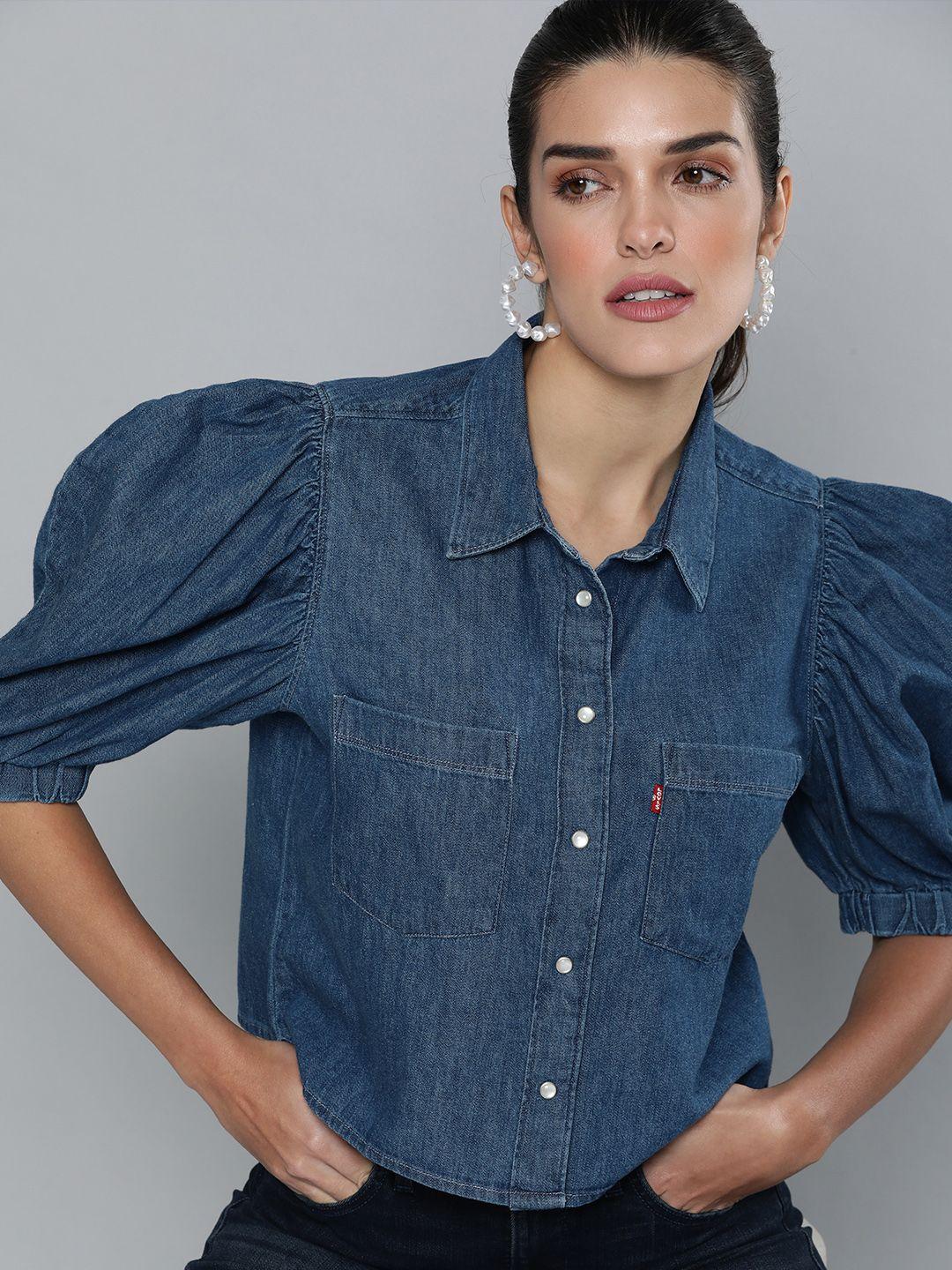 levis women blue pure cotton casual shirt