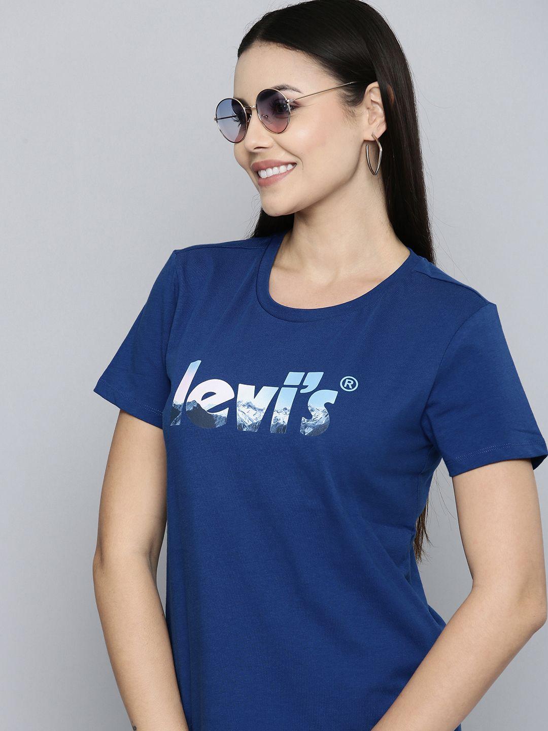 levis women dark blue brand logo printed pure cotton t-shirt