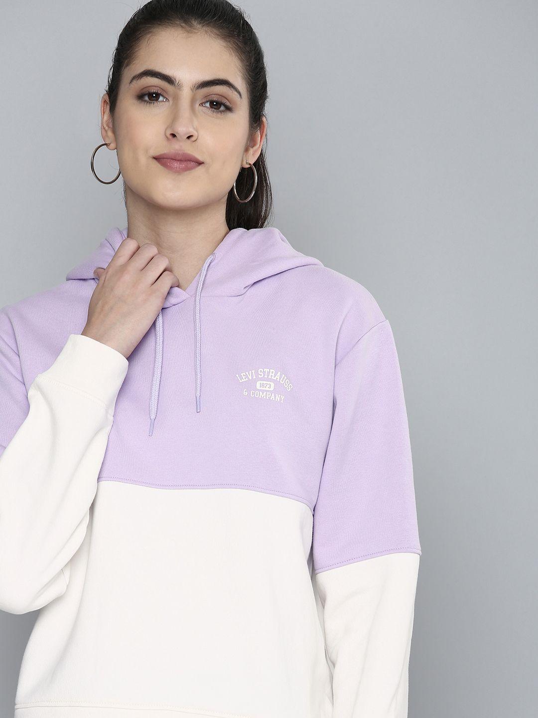 levis women lavender & white colourblocked hooded sweatshirt