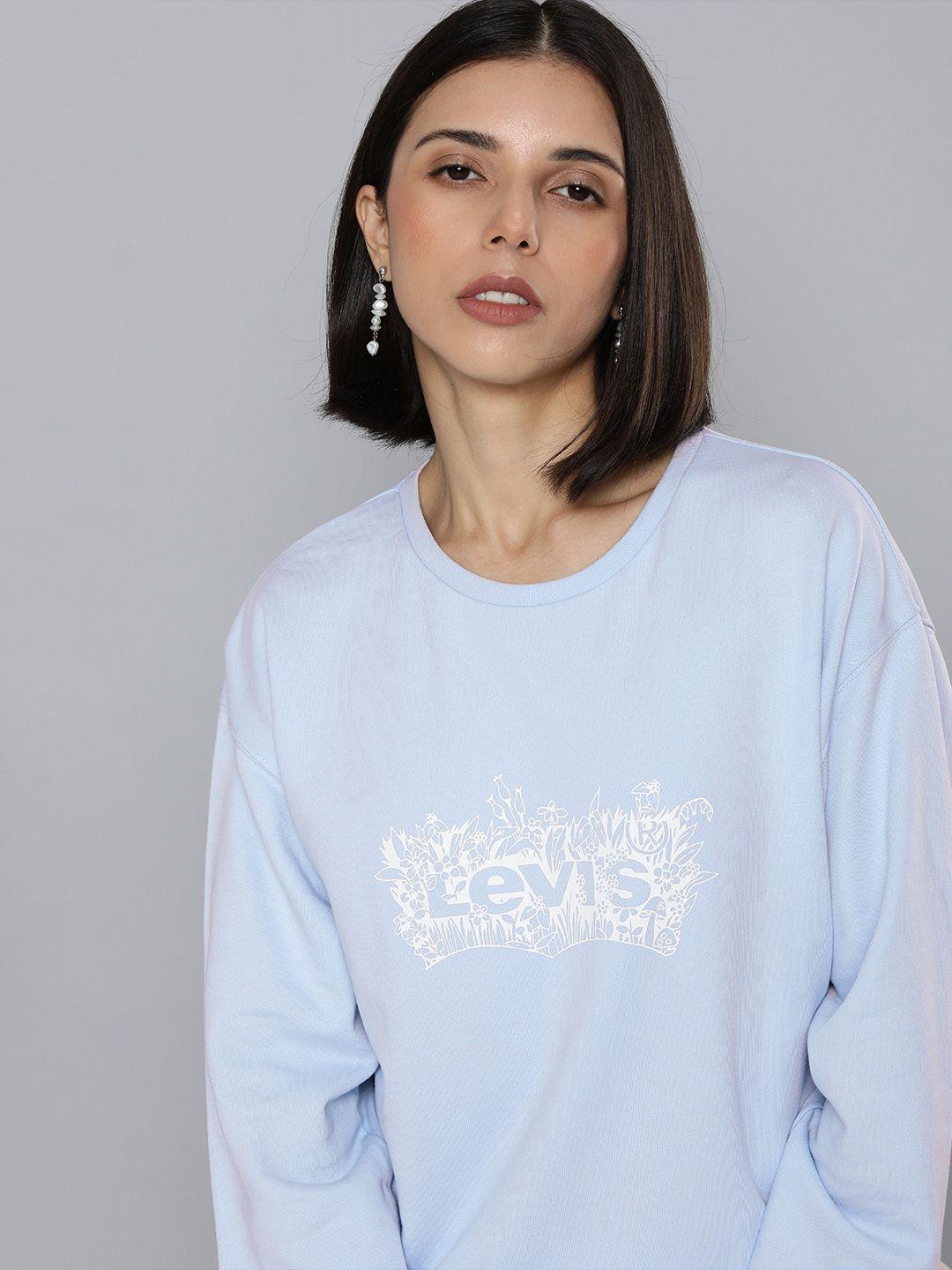 levis women light blue & white brand logo printed pure cotton sweatshirt