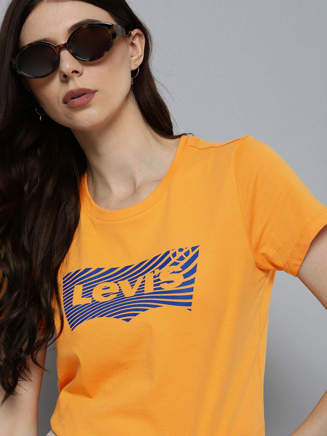 levis women mustard yellow & blue brand logo printed pure cotton t-shirt