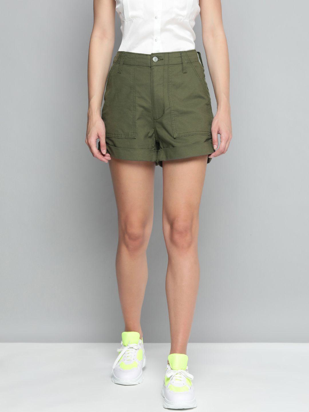 levis women olive green solid high-rise regular shorts