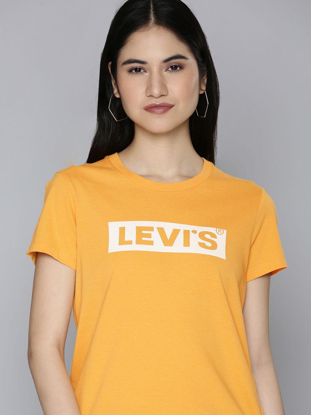 levis women orange & white brand logo printed pure cotton slim fit t-shirt