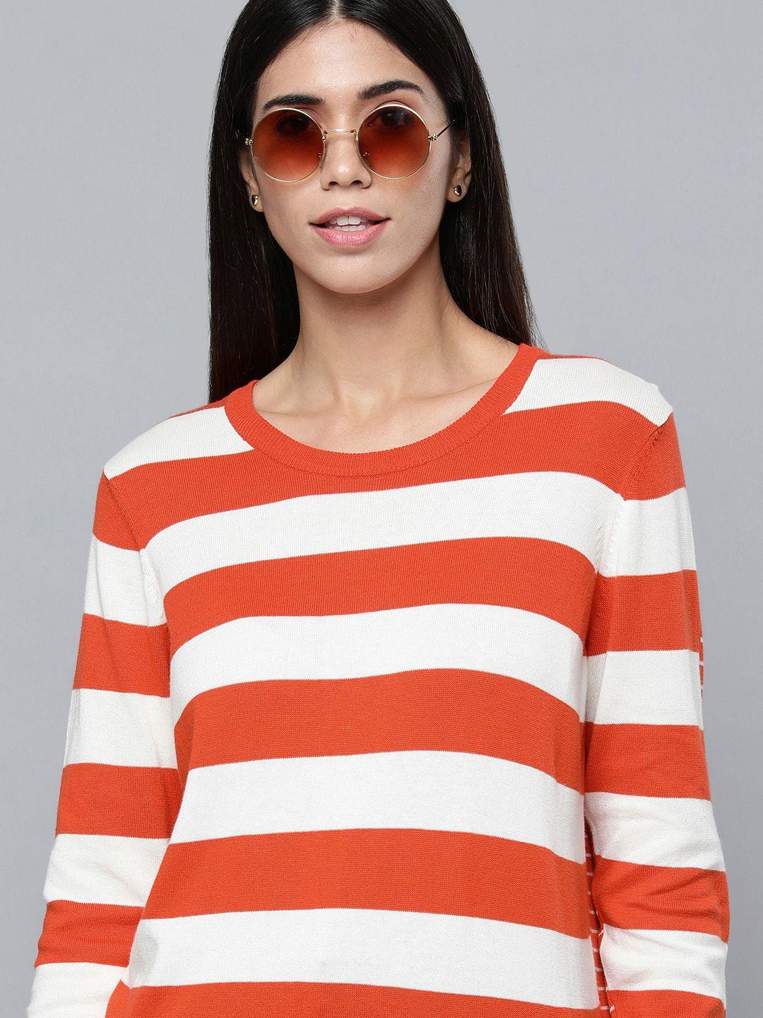 levis women orange & white striped round-neck casual t-shirt
