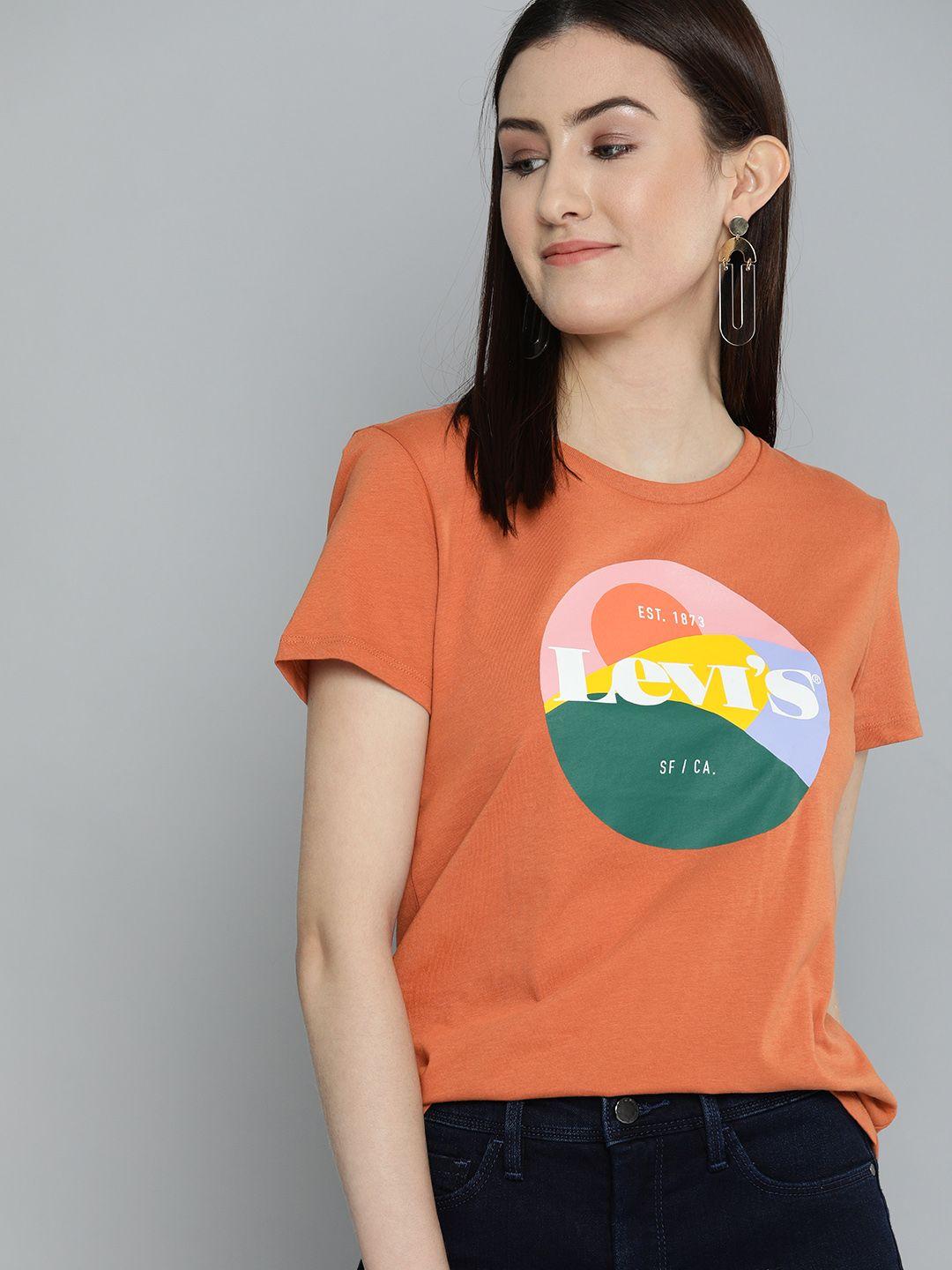 levis women orange printed casual sustainable pure cotton t-shirt