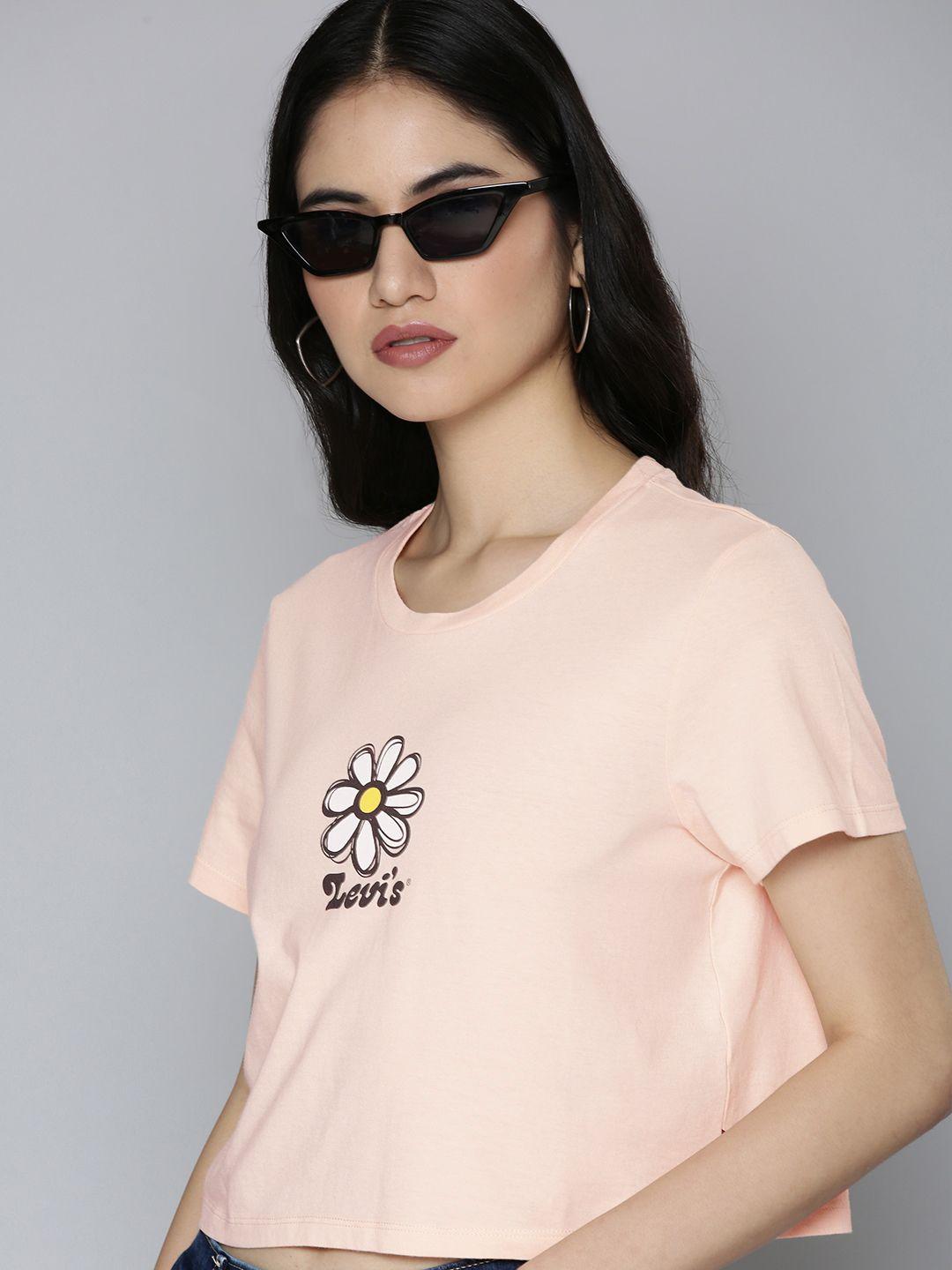 levis women peach-coloured floral printed pure cotton slim fit t-shirt