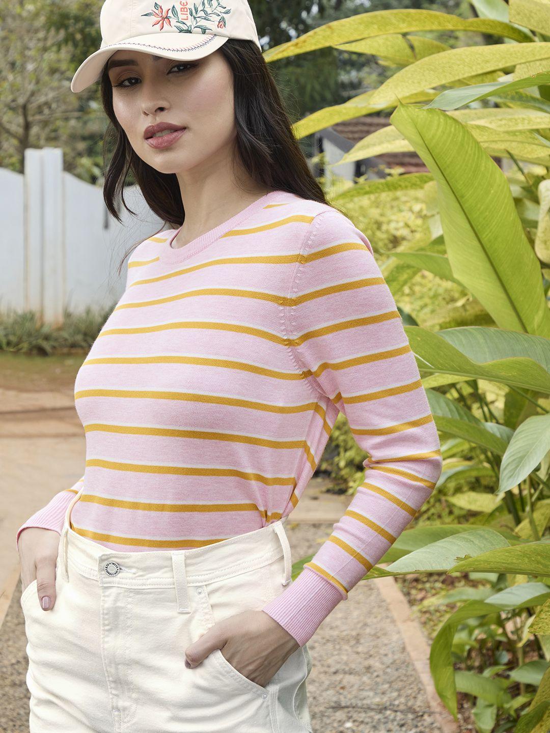 levis women pink & mustard yellow striped t-shirt