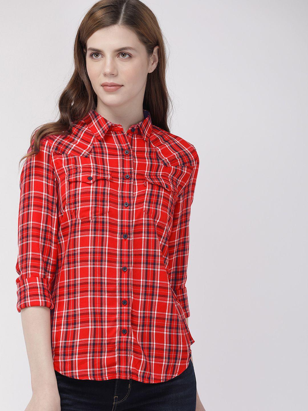 levis women red & white regular fit checked casual shirt