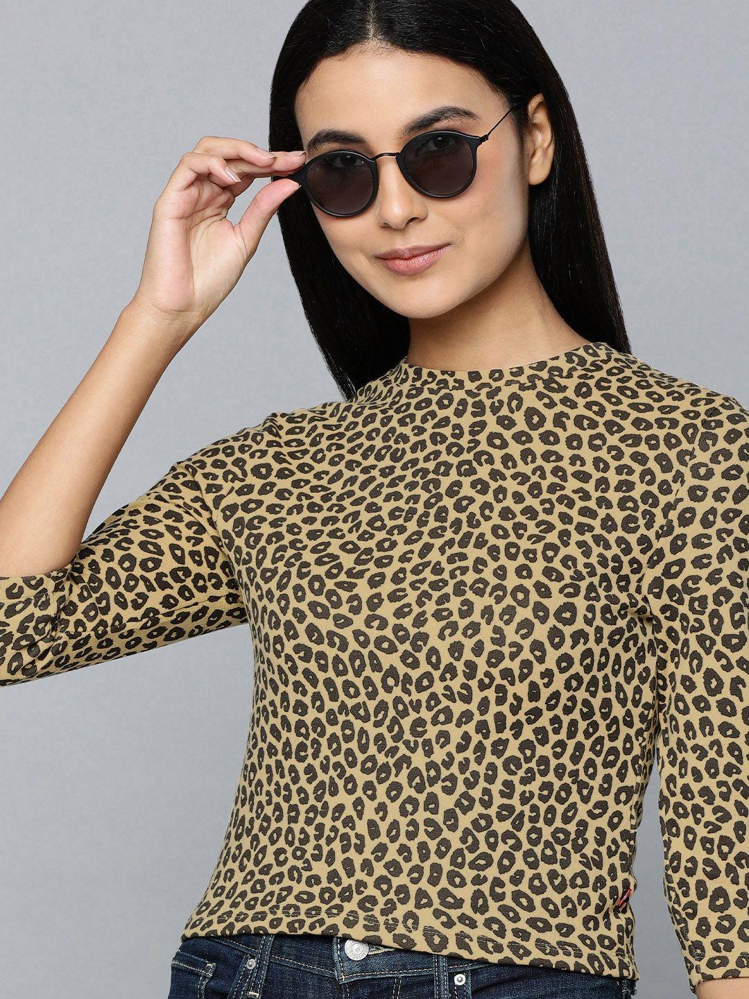 levis women yellow & black animal print fitted top