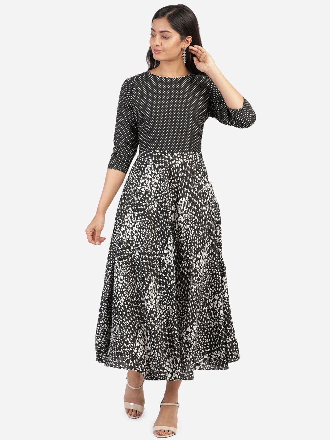 lewawaa black & white printed crepe midi fit & flare dress