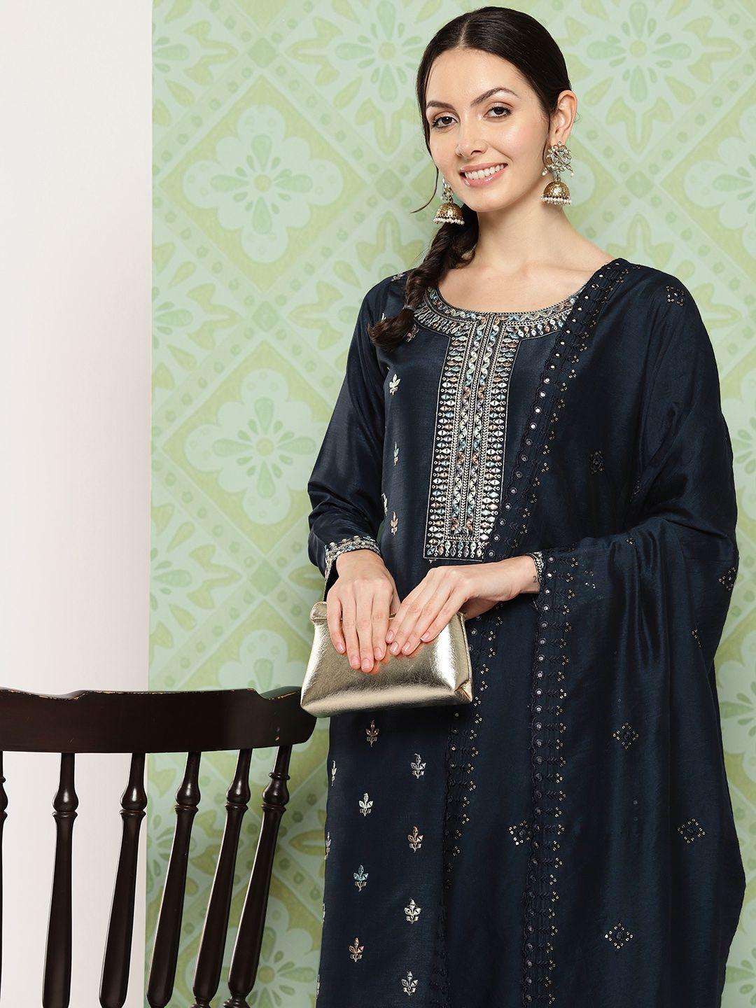 liba ethnic motifs embroidered sequinned detail pure silk kurta with trousers & dupatta