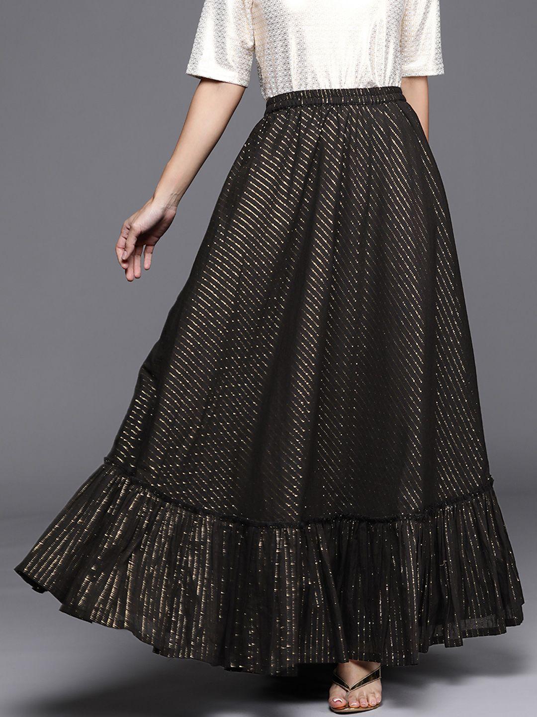 libas black & gold-toned cotton self design skirt with ruffle details