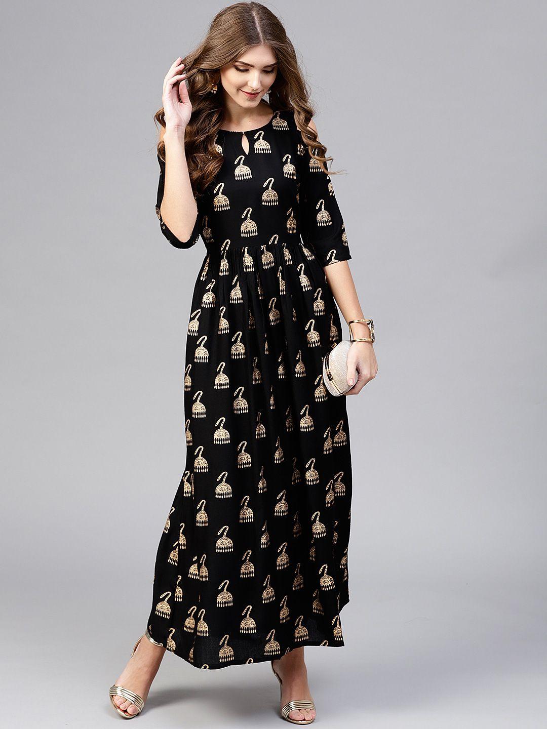 libas black & golden block print maxi dress