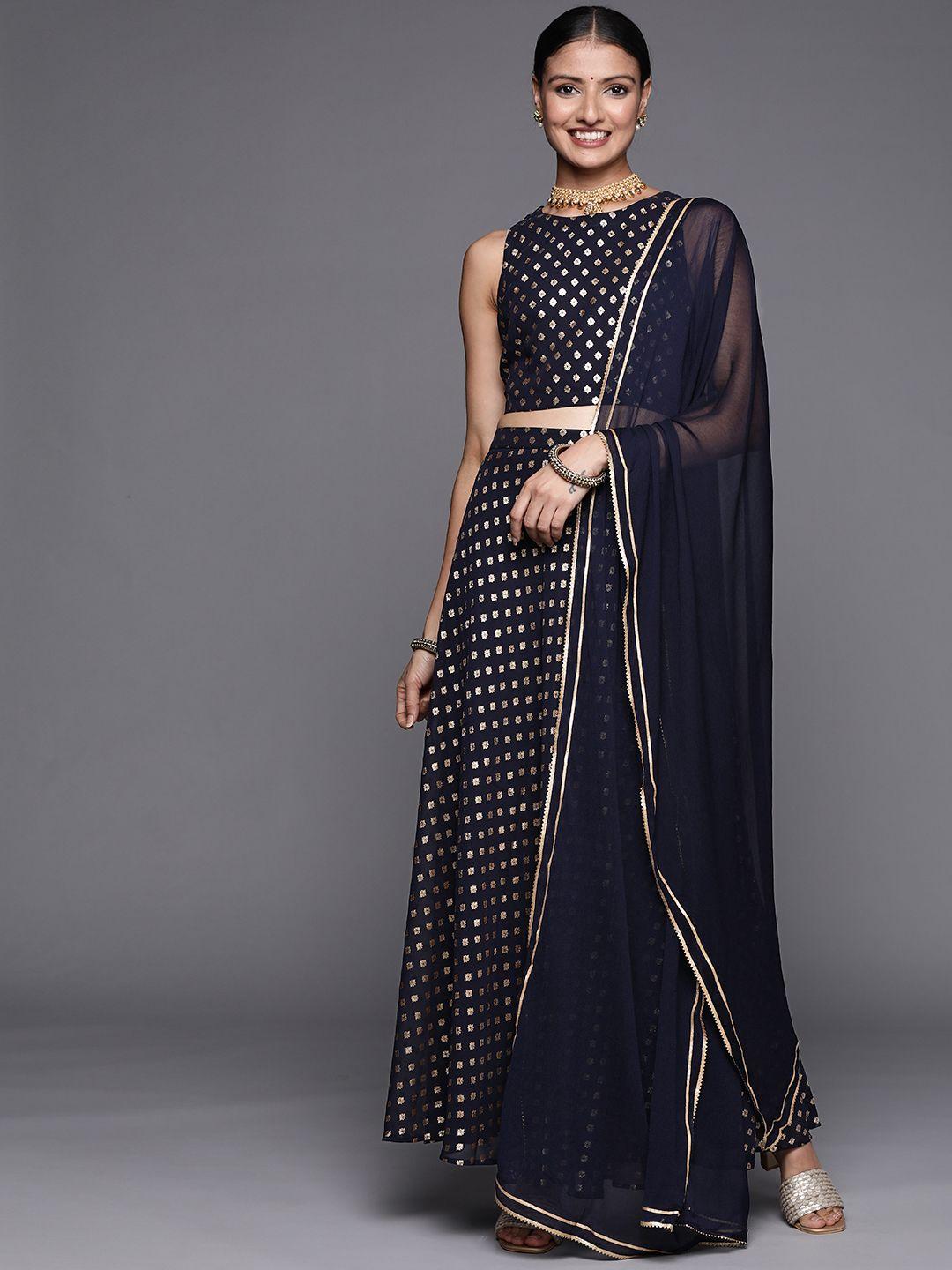 libas blue & gold-toned printed ready to wear lehenga & blouse with dupatta