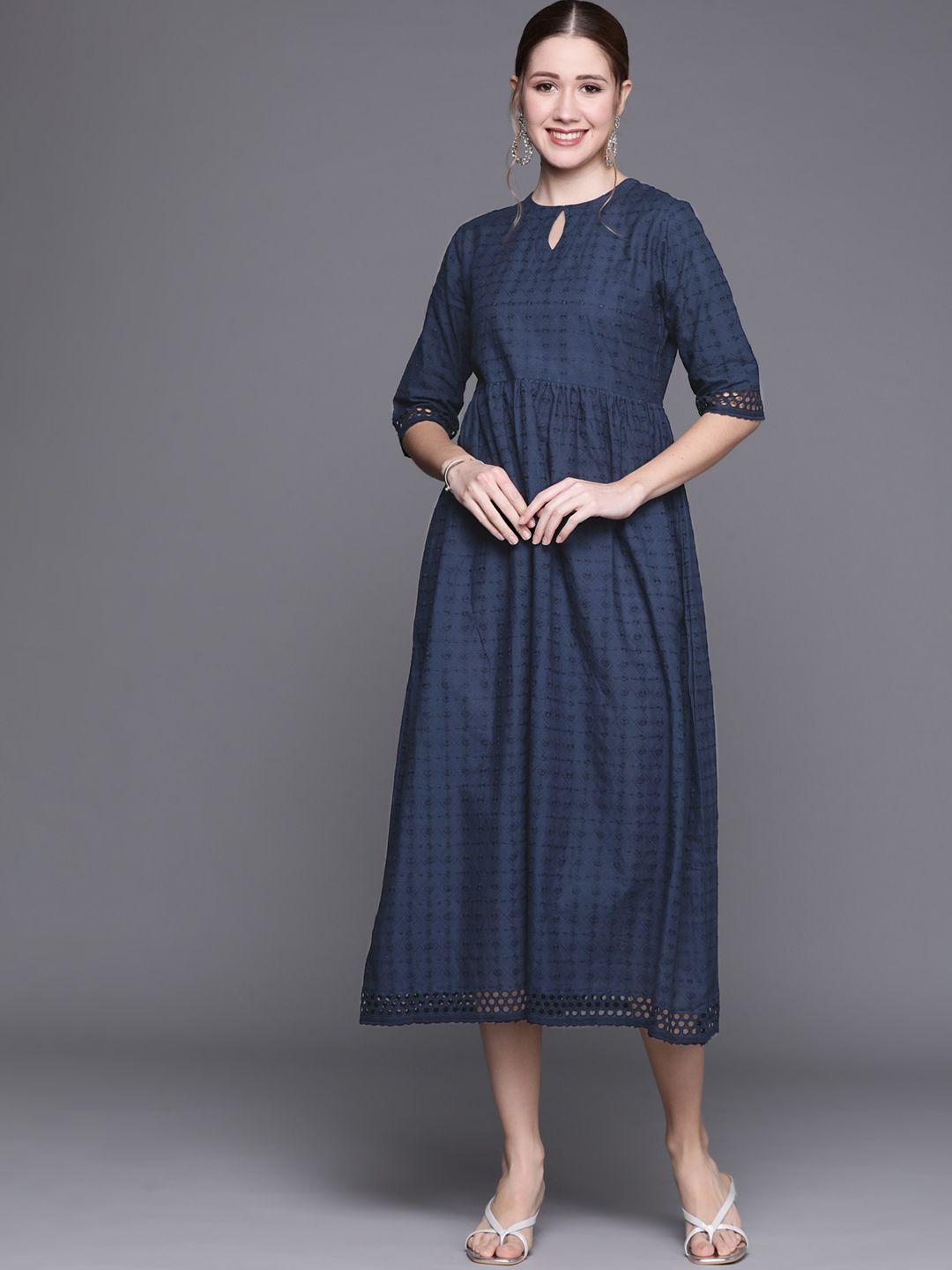 libas blue cotton embroidered a-line fit and flared dress