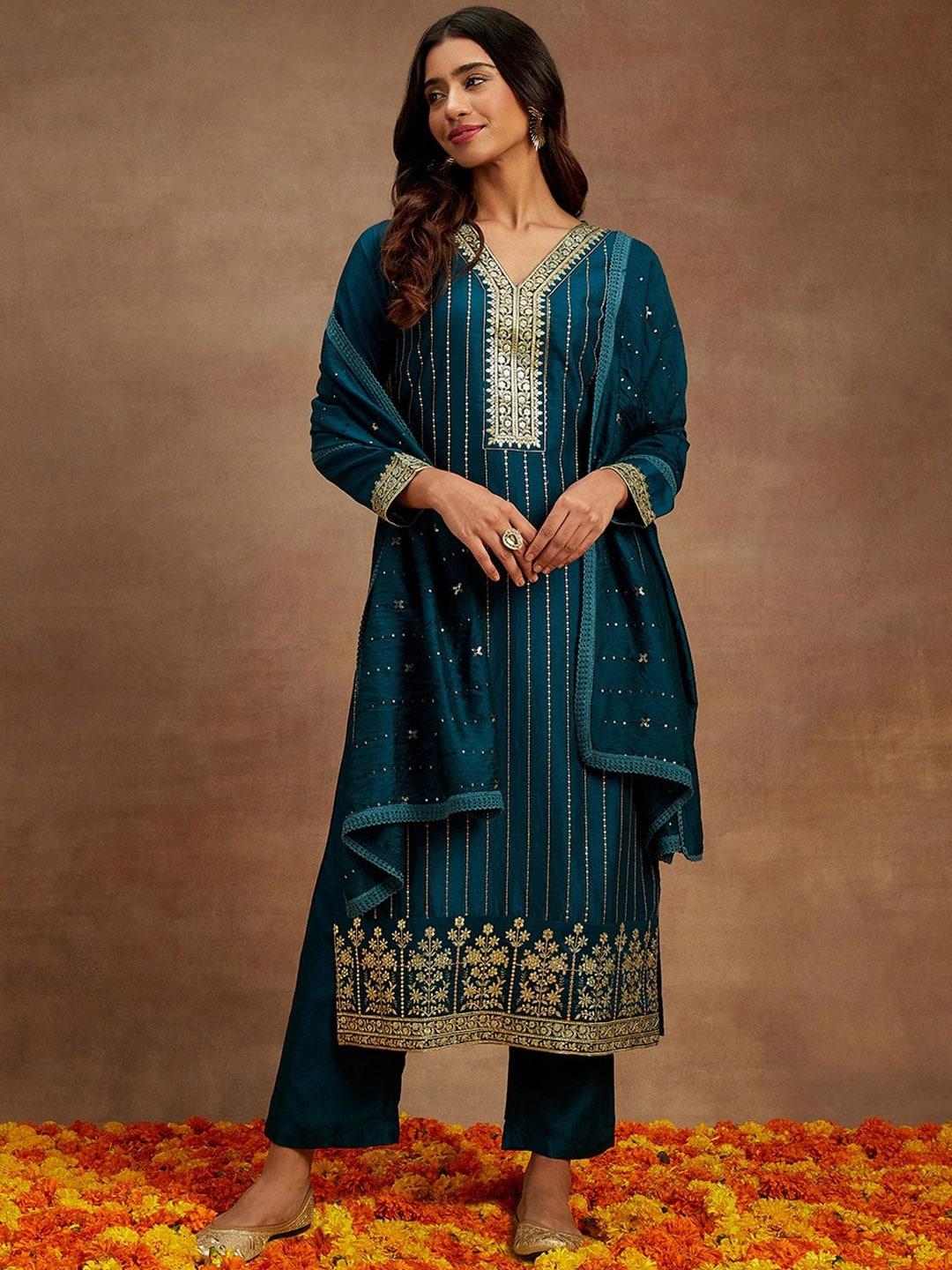 libas ethnic motifs embroidered sequined pure silk straight kurta & trousers with dupatta