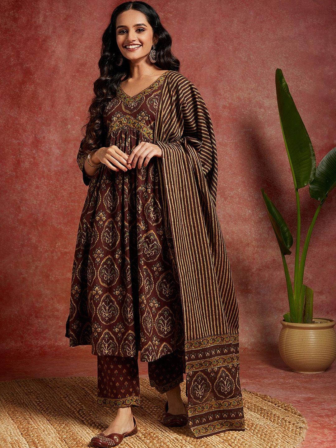libas ethnic motifs printed high slit pure cotton kurta & trousers with dupatta
